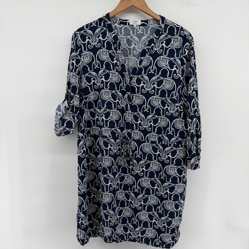 Crown & Ivy Navy Blue Elephant Print Tunic Dress Roll Tab Sleeve Womens 16